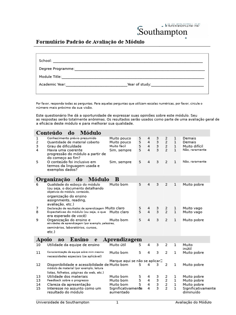 Formulário de Avaliação de Módulo | PDF | Aprendizado