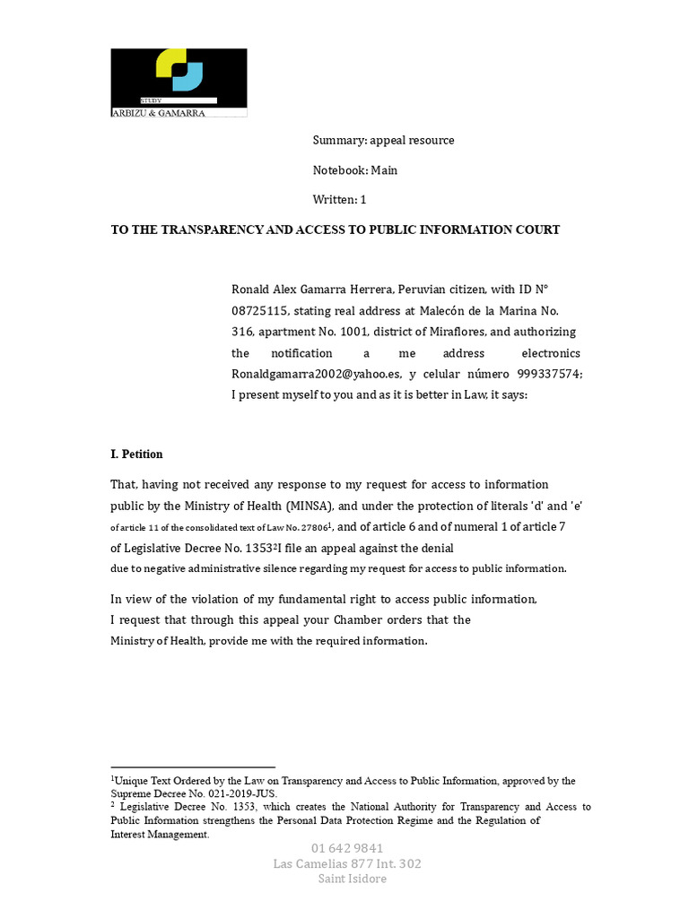 Appeal To The Transparency Tribunal (Request 20-005577 MINSA) | PDF ...