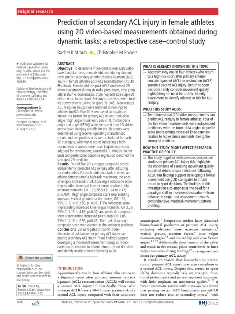 Predicting ACL Reinjury in Female Athletes | PDF | Knee ...