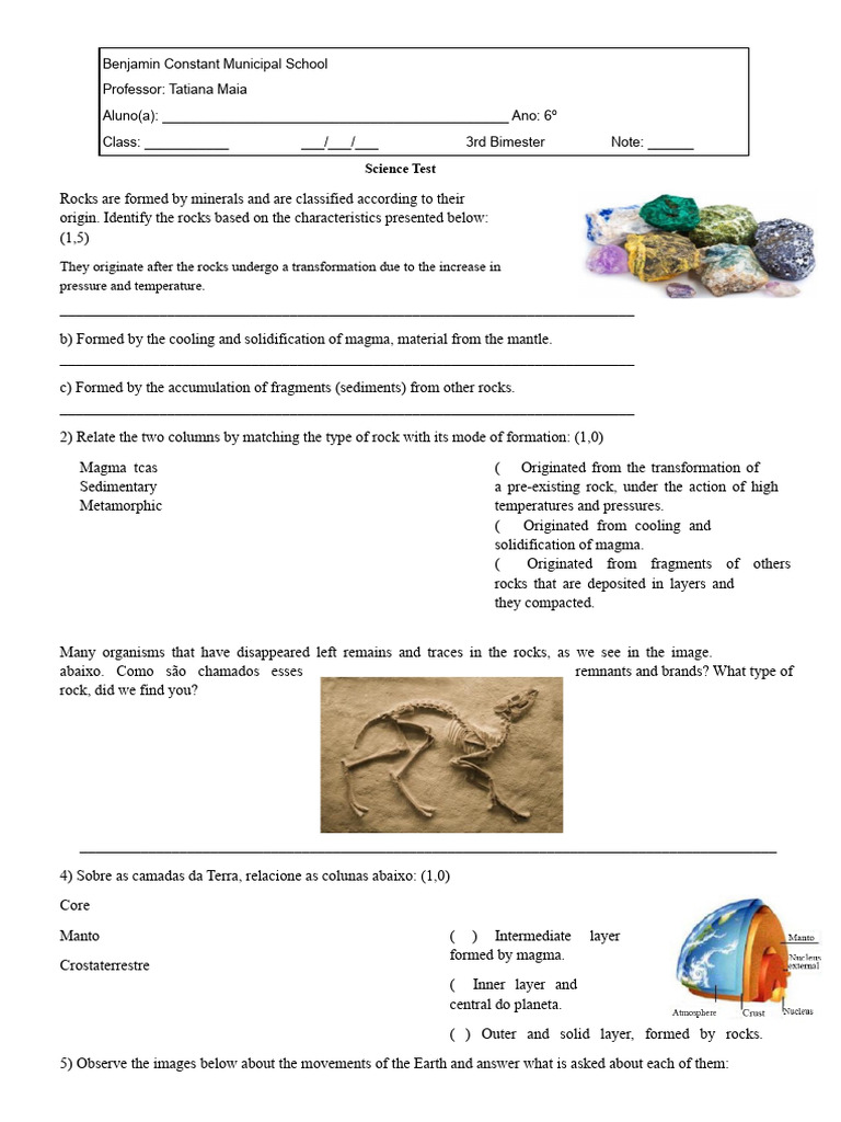 Science Test 6th Grade 3rd Bimester | PDF | Rock (Geology) | Natural ...