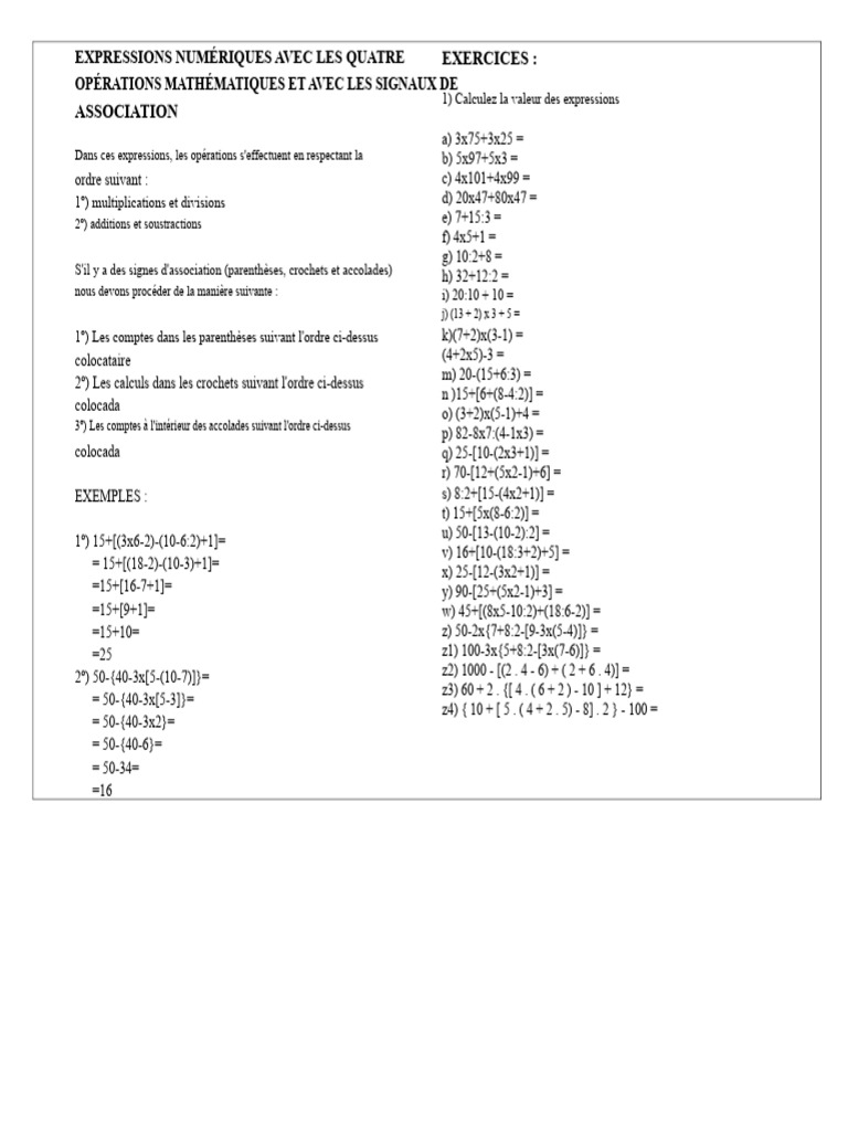 Exercices sur les Expressions Numériques | PDF | Mathématiques ...
