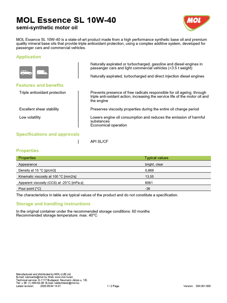 MOL Essence SL 10W-40 Motor Oil Guide | PDF | Automotive Technologies ...