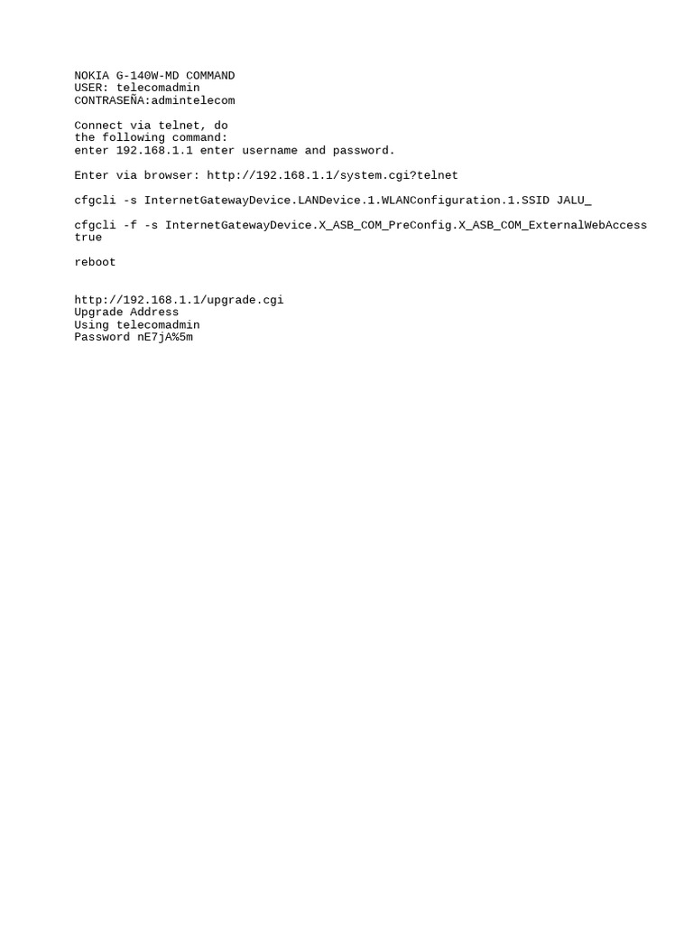 Nokia G-140W-MD Telnet Commands Guide | PDF