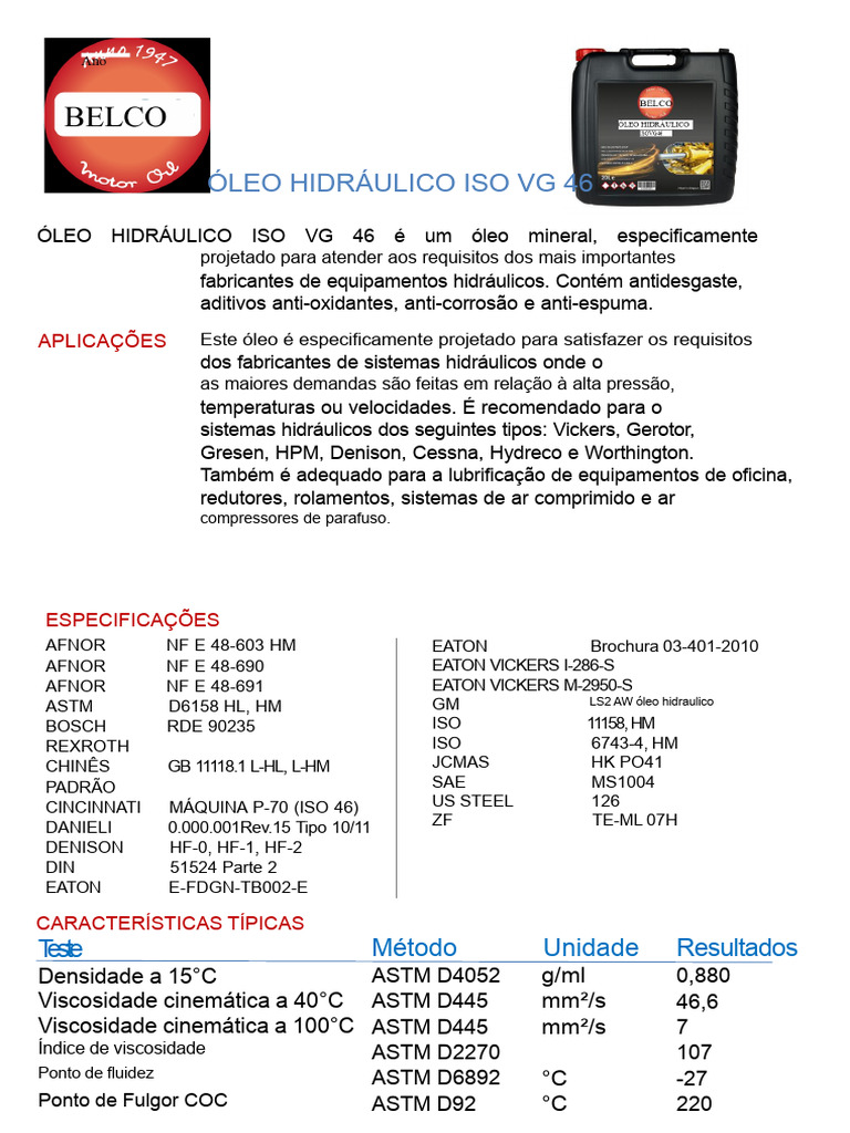 Óleo Hidráulico ISO VG 46: Aplicações e Especificações | PDF