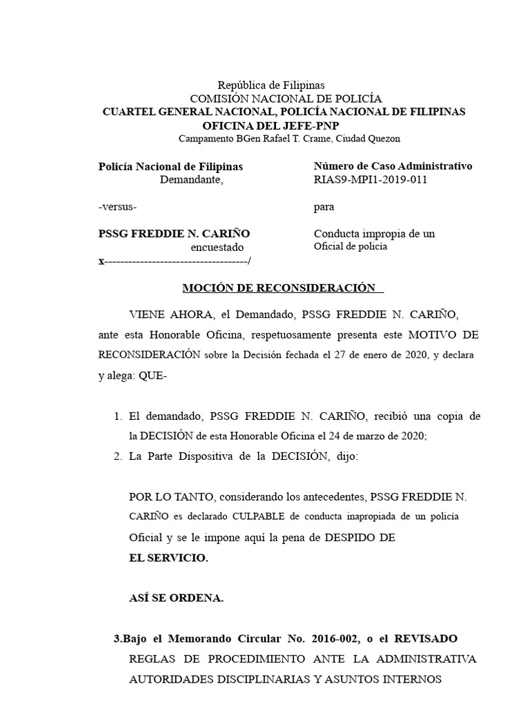 Moción de Reconsideración Carino | PDF | Justicia | Crimen y violencia