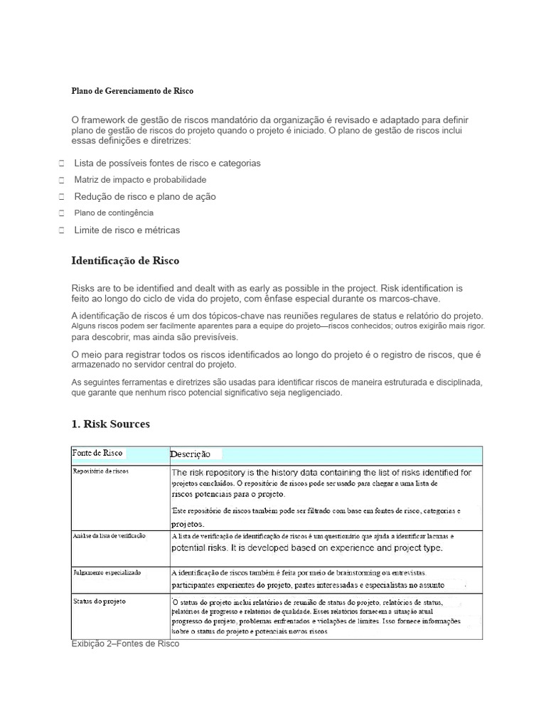 Plano de Gestão de Riscos em Projetos | PDF | Avaliação de risco ...