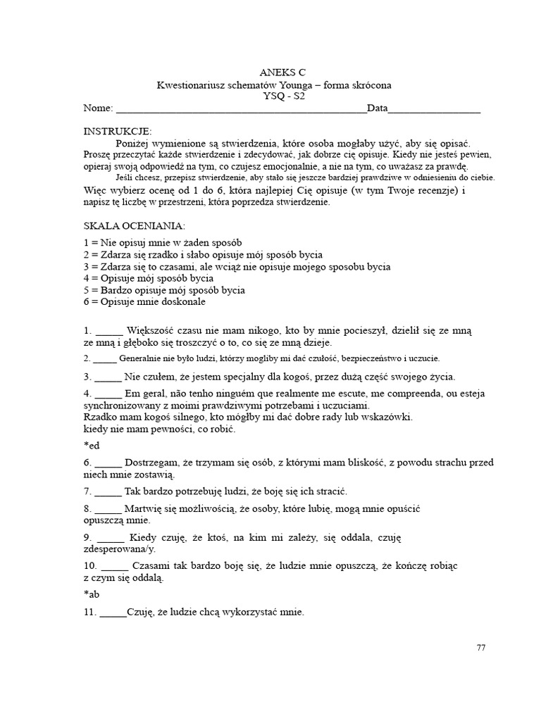 Kwestionariusz Schematów Younga | PDF