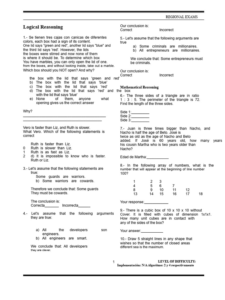 Regional Exam Logical and Mathematical Problems | PDF | Mathematics