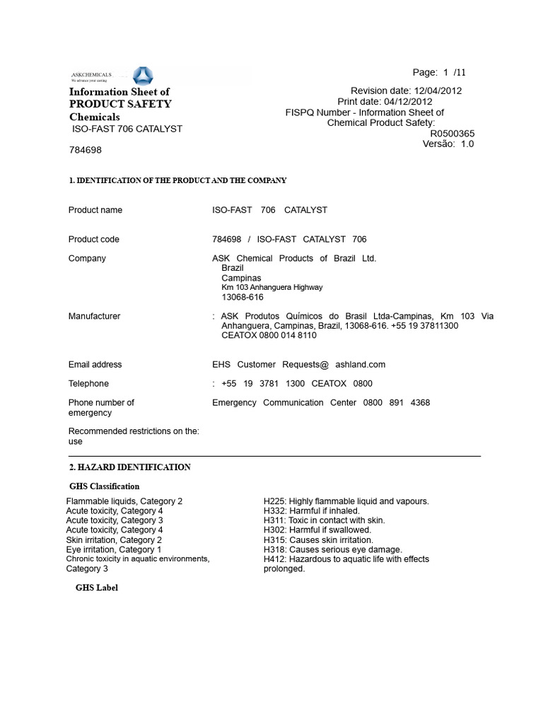 ISO-FAST 706 Catalyst Safety Data Sheet | PDF | Toxicity | Oxide