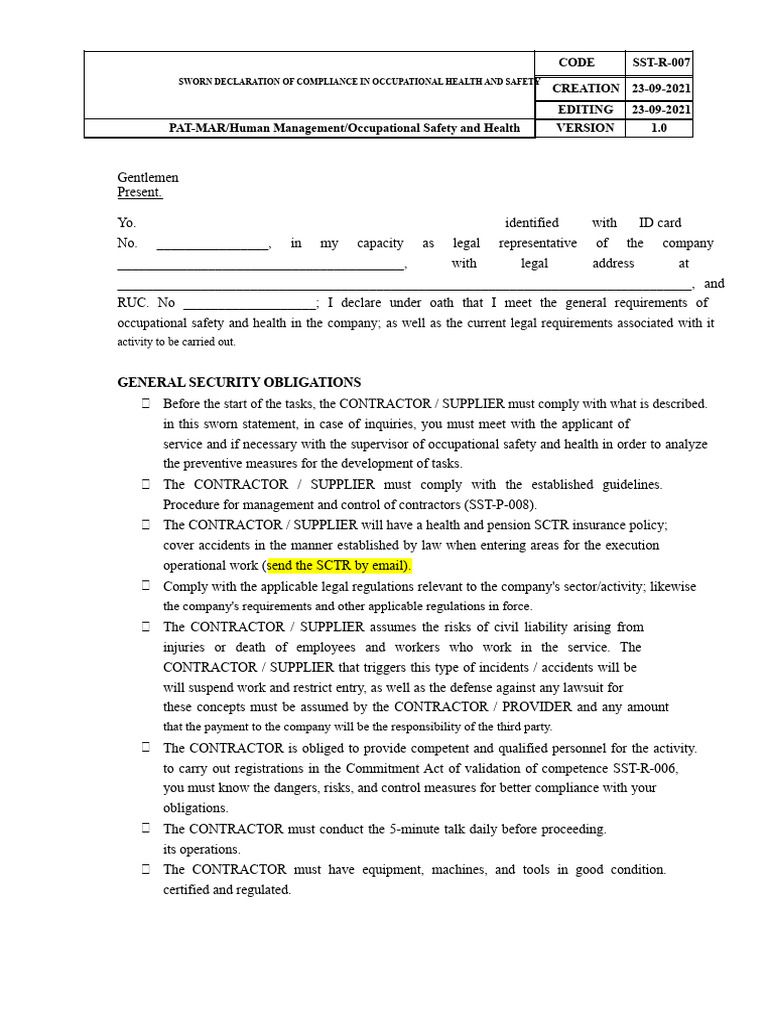 Sworn Declaration for Occupational Safety Compliance | PDF ...