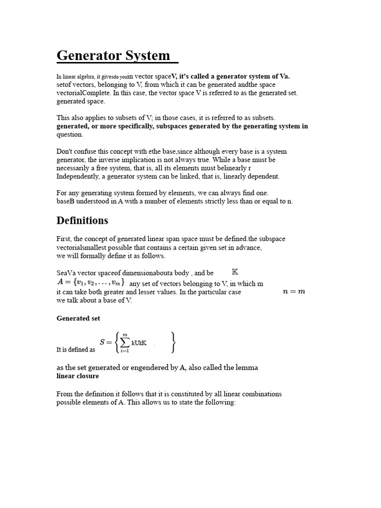 Understanding Generator Systems in Linear Algebra | PDF | Basis (Linear ...
