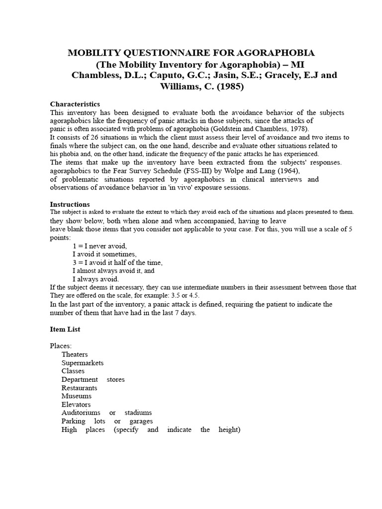 Agoraphobia Mobility Questionnaire Guide | PDF | Agoraphobia | Panic Attack
