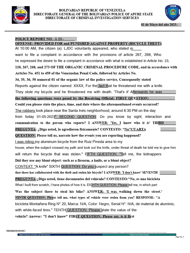 Bicycle Theft Police Report Venezuela | PDF | Police | Complaint