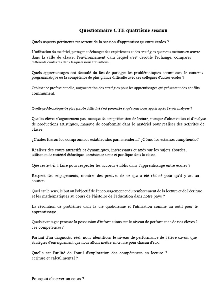 Questionnaire CTE : Apprentissage Collaboratif | PDF | Apprentissage ...