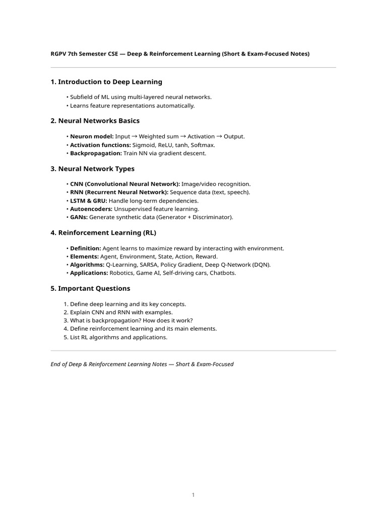 RGPV CSE 7th Sem: Deep Learning Notes | PDF
