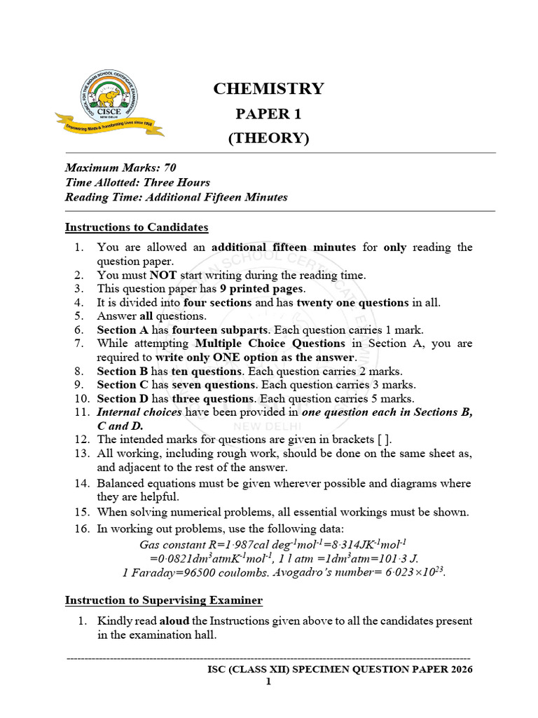 ISC Class XII Chemistry Specimen Paper 2026 | PDF | Chemical Reactions ...