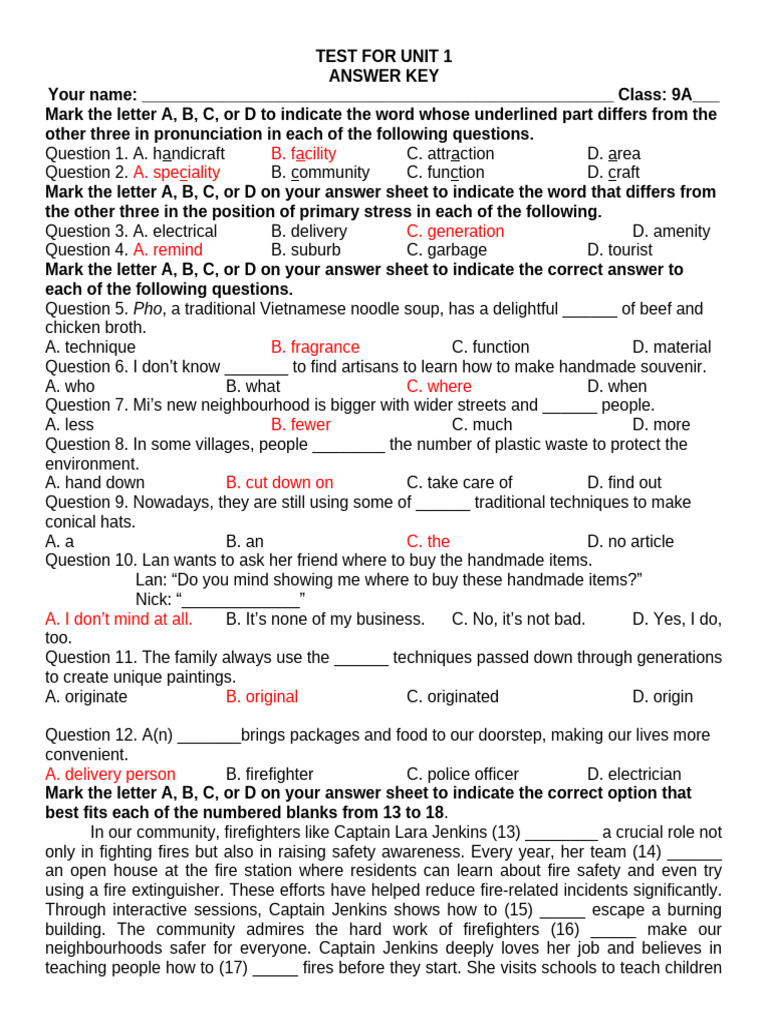 Unit 1 Test Answer Key for 9A | PDF