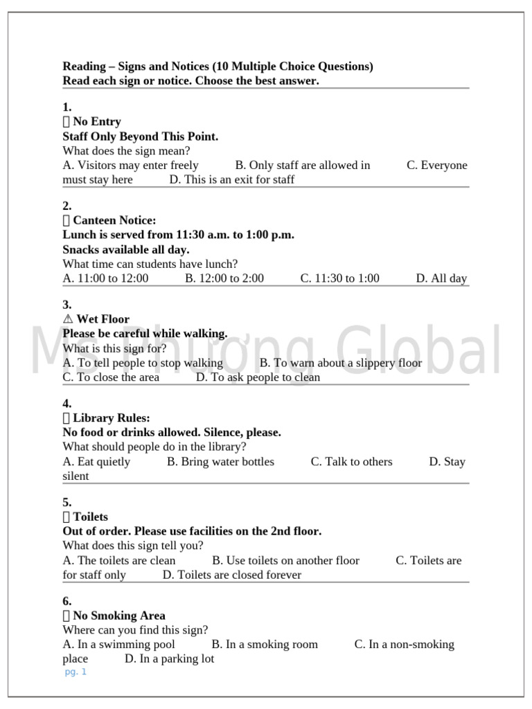 Reading Comprehension: Signs & Notices | PDF