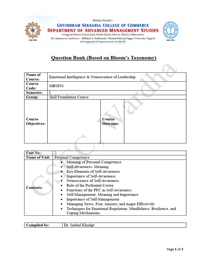 Emotional Intelligence Question Bank | PDF | Psychological Resilience ...