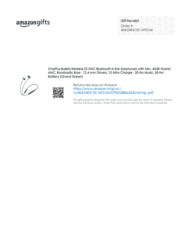 OnePlus Bullets Z2 Gift Receipt | PDF