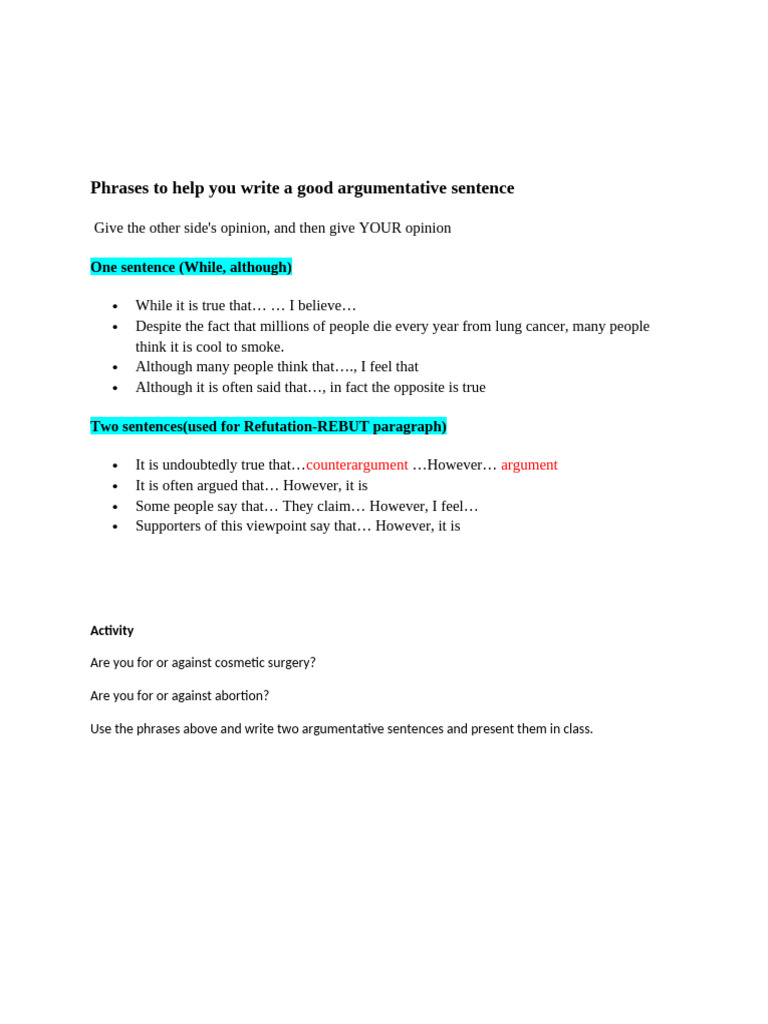 7- Phrases for Argumentation+Activity | PDF