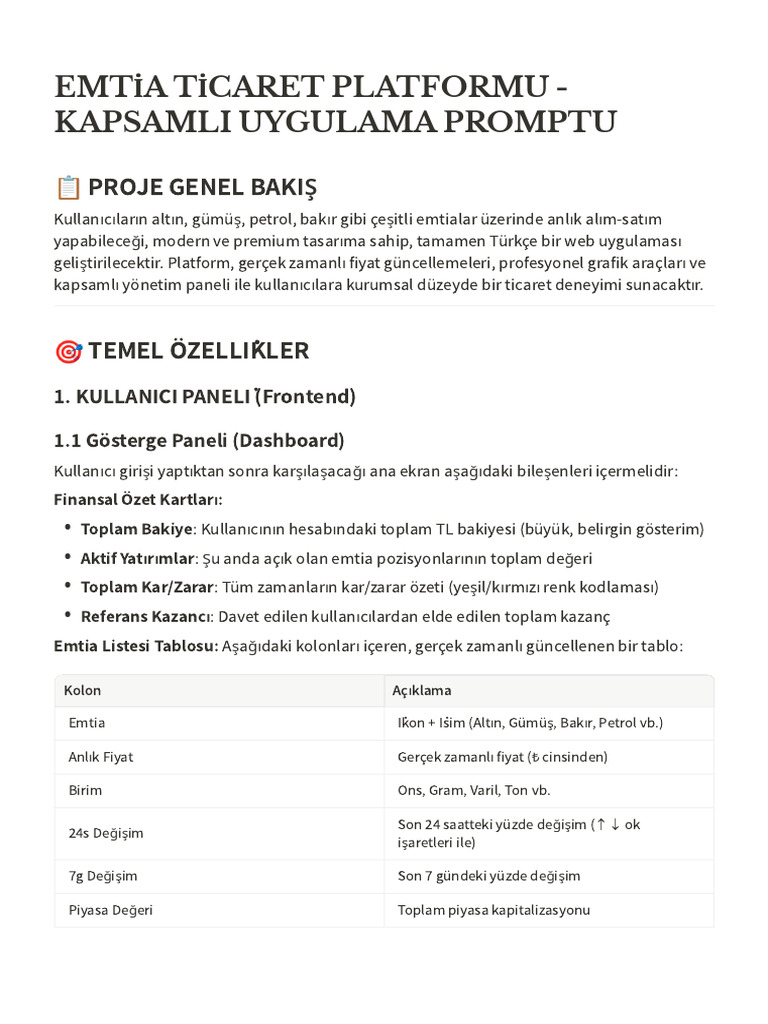 Emti̇a Ti̇caret Platformu - Kapsamli Uygulama Promptu | PDF