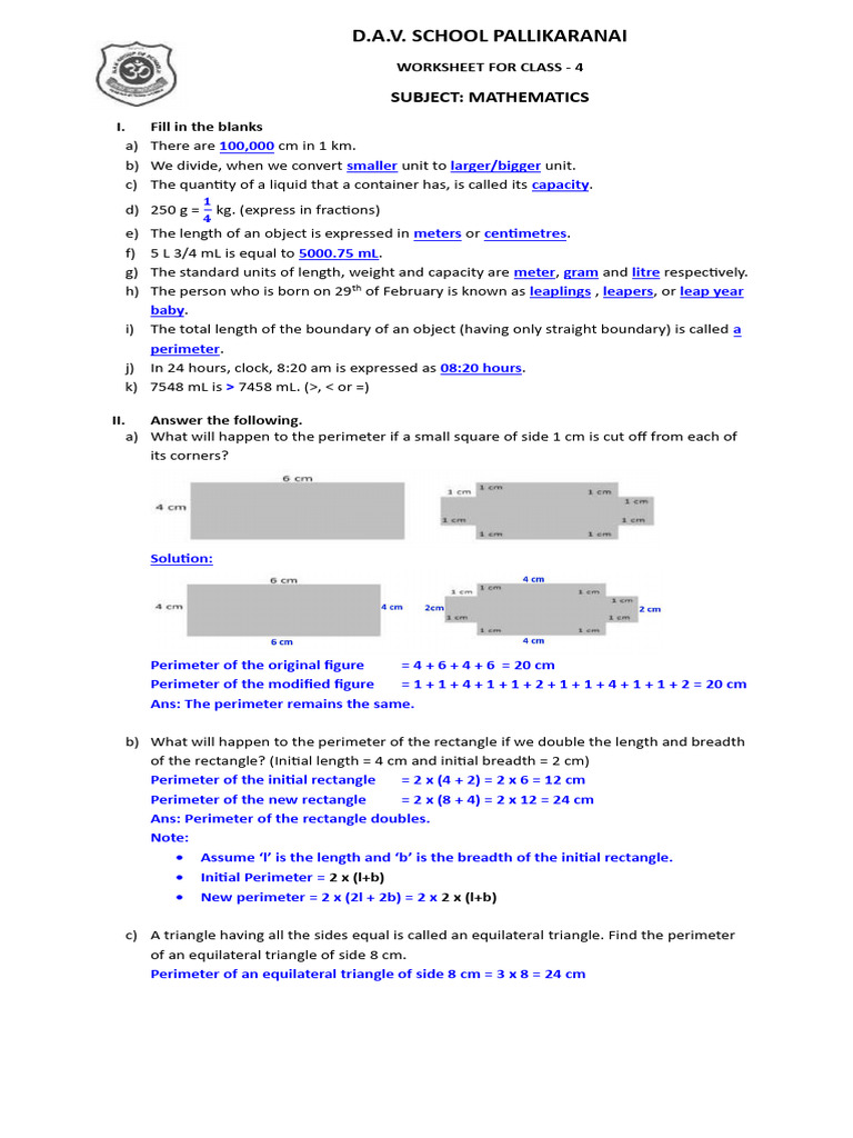 Mathematics Worksheet for Class 4 | PDF | Litre | Quantity