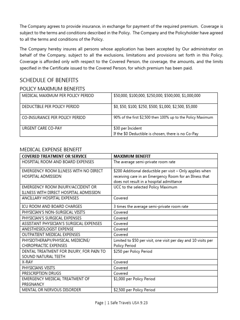 Safe Travels USA Insurance Policy Details | PDF | Insurance | Deductible
