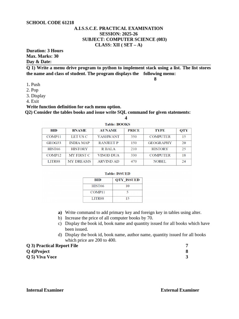 Computer Science Practical Exam 2025-26 | PDF