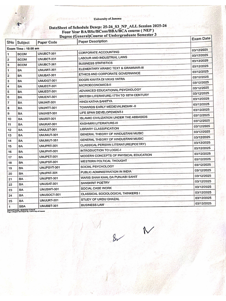 Date Sheet of UG 3rd Sem (Regular) Exam 2025-26 by JK EDU HUB | PDF