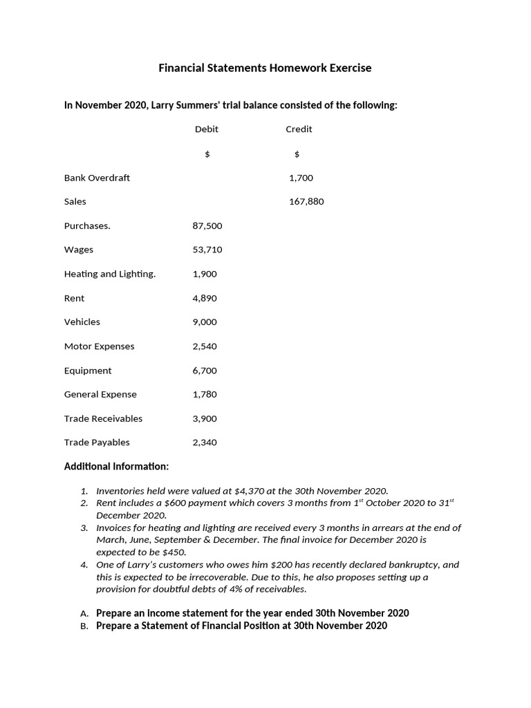 Financial Statements Homework Exercise | PDF | Debits And Credits | Expense