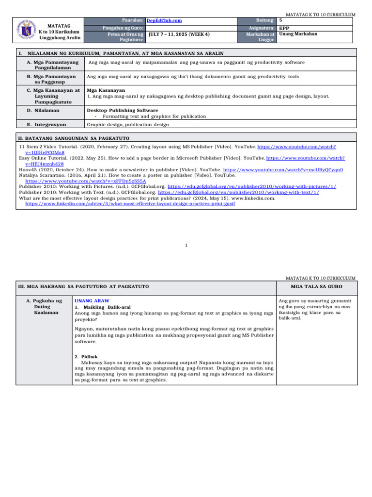 DLL Matatag - Epp 5 q1 w4 | PDF