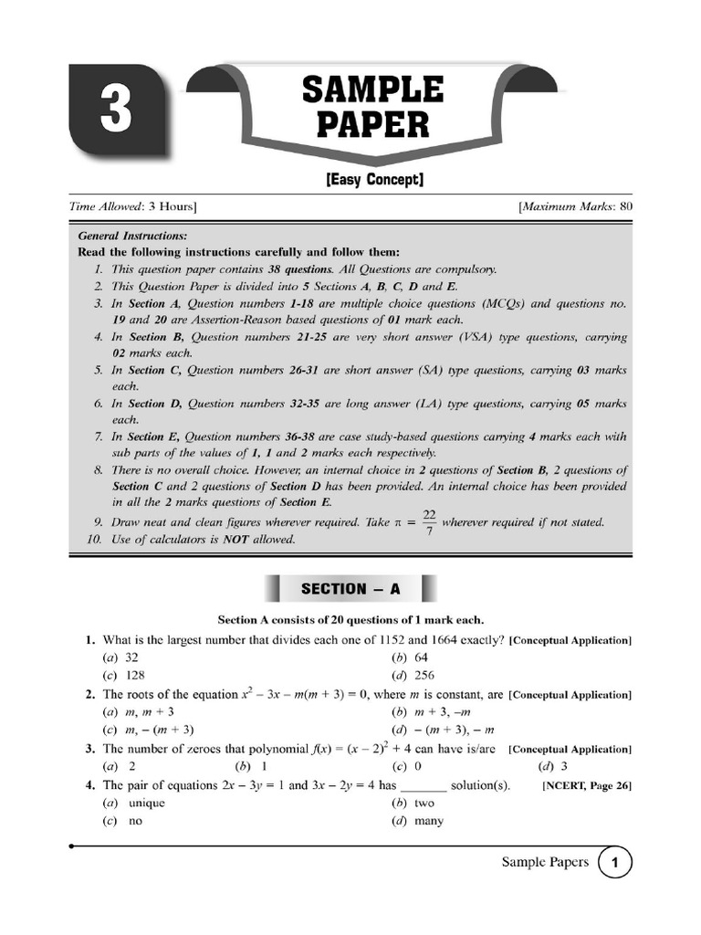 Class 10 Maths Cbse Sample Papers 2025-26 | PDF