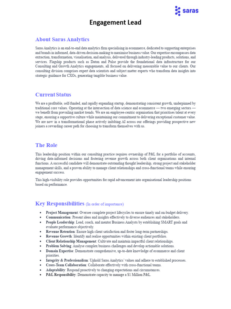 Engagement Lead Role at Saras Analytics | PDF | Analytics | Employee ...