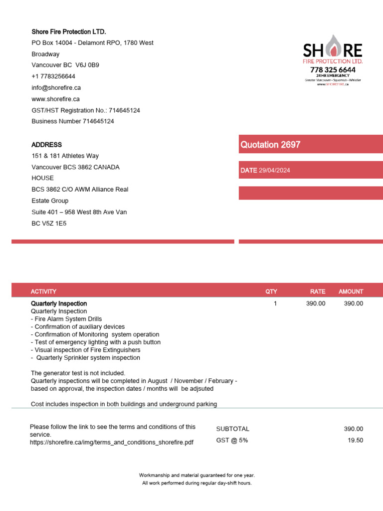 Fire Alarm & Sprinkler Inspection Quote | PDF