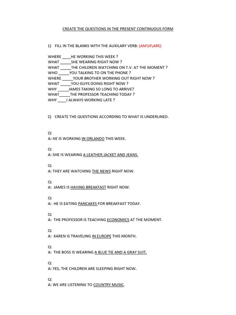 Create the Questions in the Present Continuous | PDF