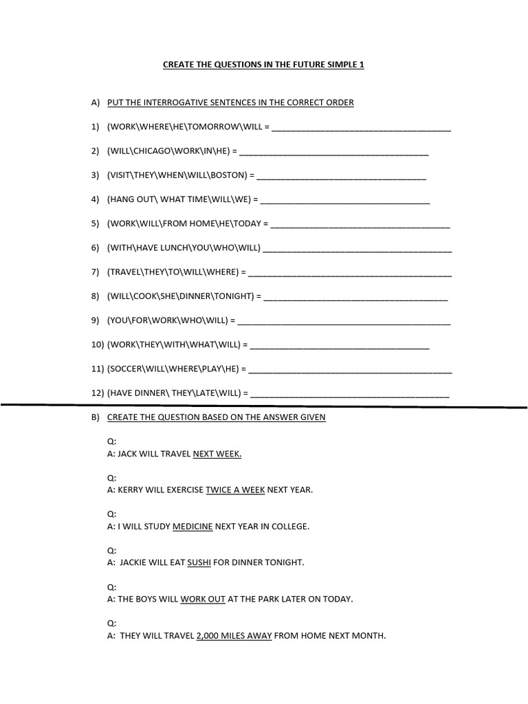 Create the Questions. Future Simple. Only Will Complete Version[1] | PDF