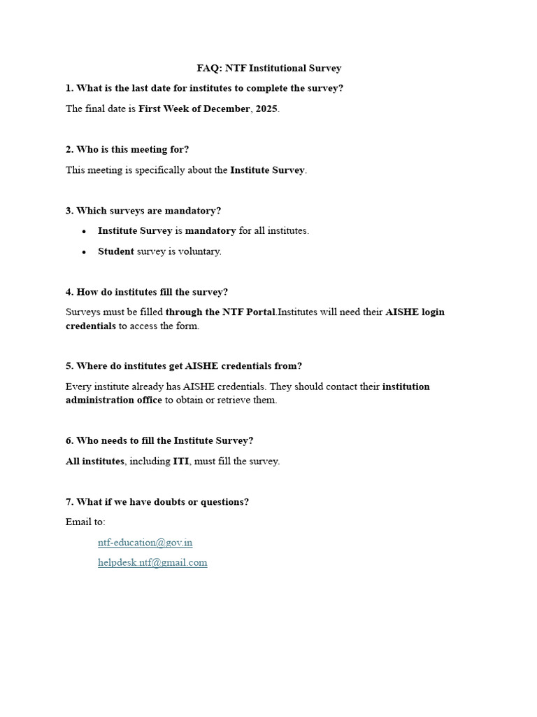 NTF Institutional Survey FAQ Guide | PDF