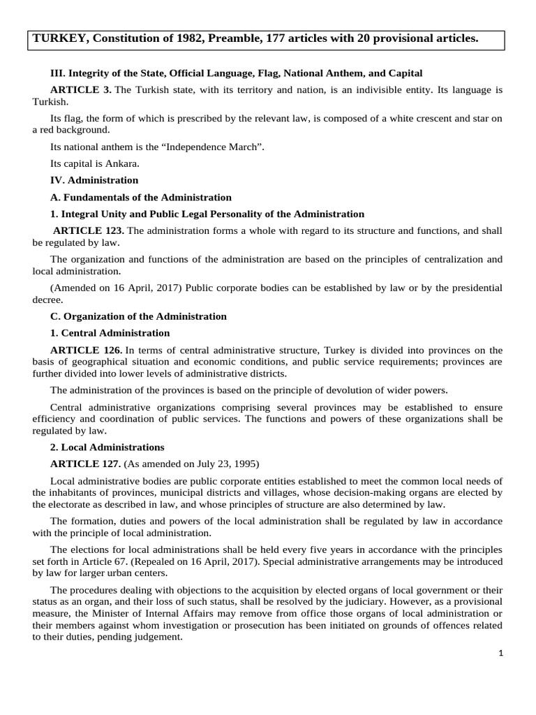 Turkey's 1982 Constitution Overview | PDF | Constitutional Amendment ...