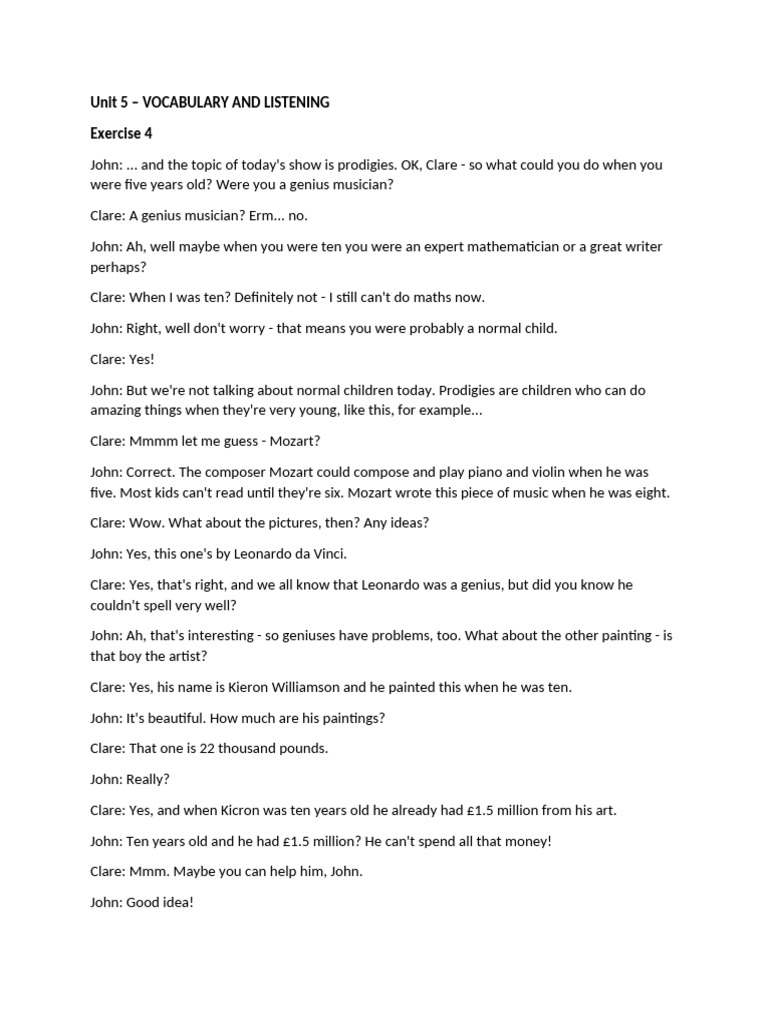 Unit 5 Vocabulary and Listening Exercise 4 Script | PDF