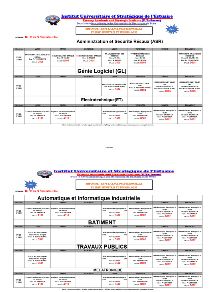 Emploi du temps Licence Pro Industrie | PDF | Informatique | Informatique