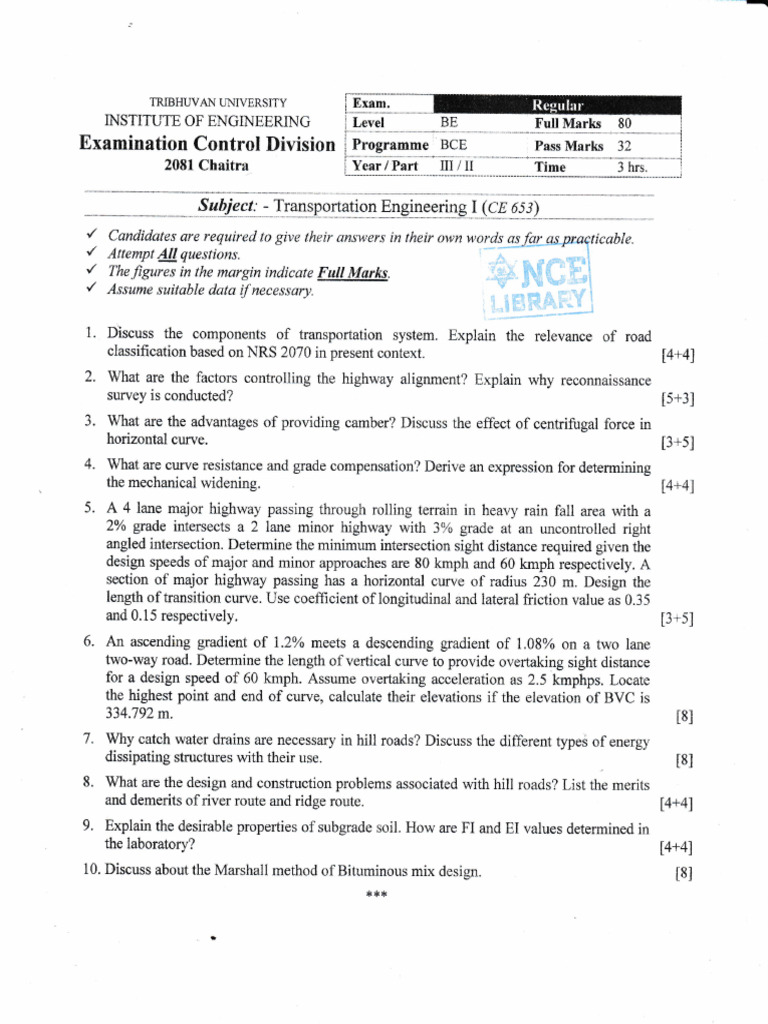 Transportation Engineering Exam Questions | PDF | Mechanical Engineering