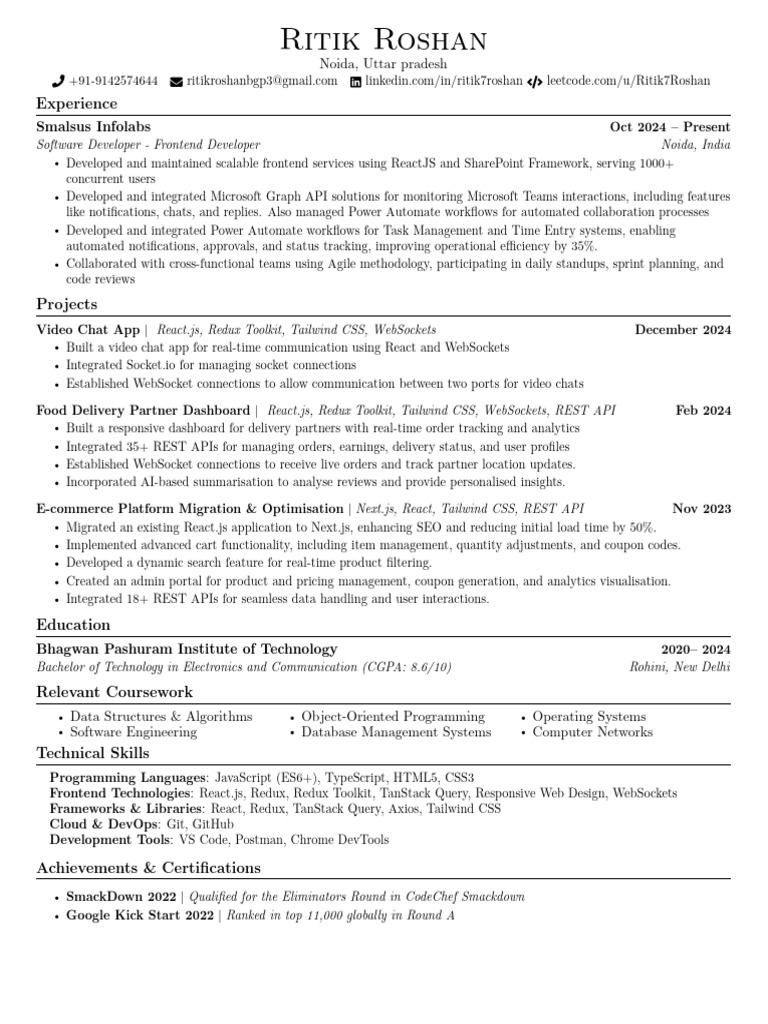 Frontend Developer Resume - Ritik Roshan | PDF | Systems Engineering ...