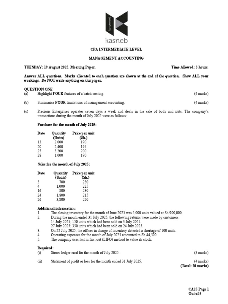 Management Accounting Exam Paper 2025 | PDF | Cost Of Goods Sold ...