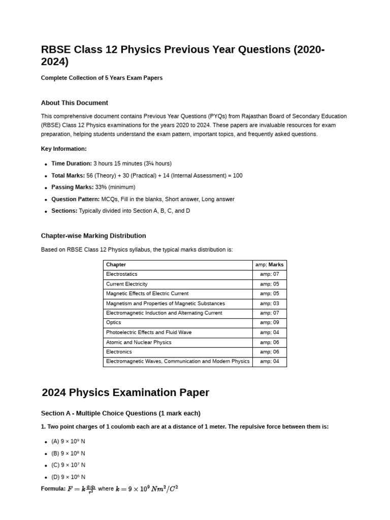 RBSE Class 12 Physics Exam Papers 2020-2024 | PDF | Electron | Magnetic ...