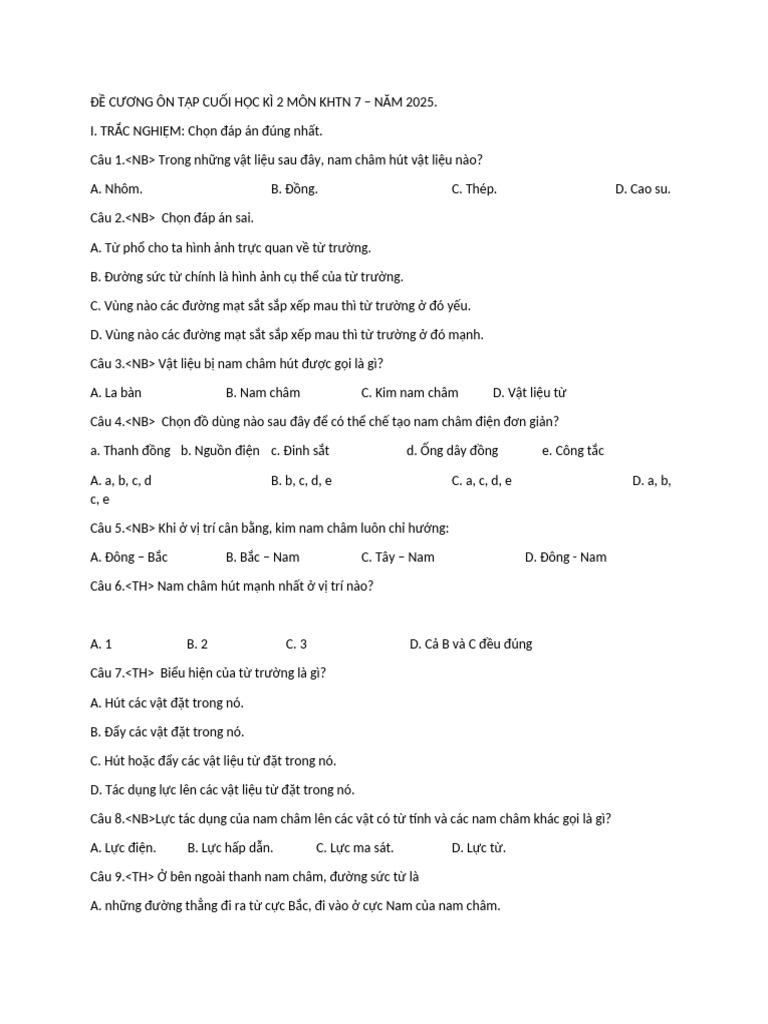 ĐỀ CƯƠNG ÔN TẬP CUỐI HỌC KÌ 2 MÔN KHTN 7 | PDF