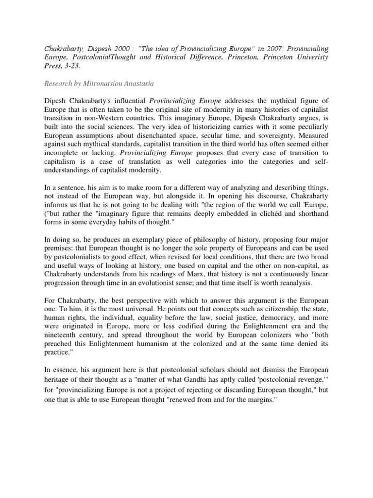 The Idea Of Provincializing Europe PDF Postcolonialism Modernity