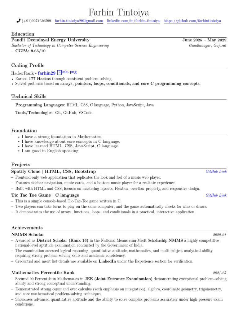 Farhin Tintoiya: Computer Science Student Profile | PDF | Mathematics ...