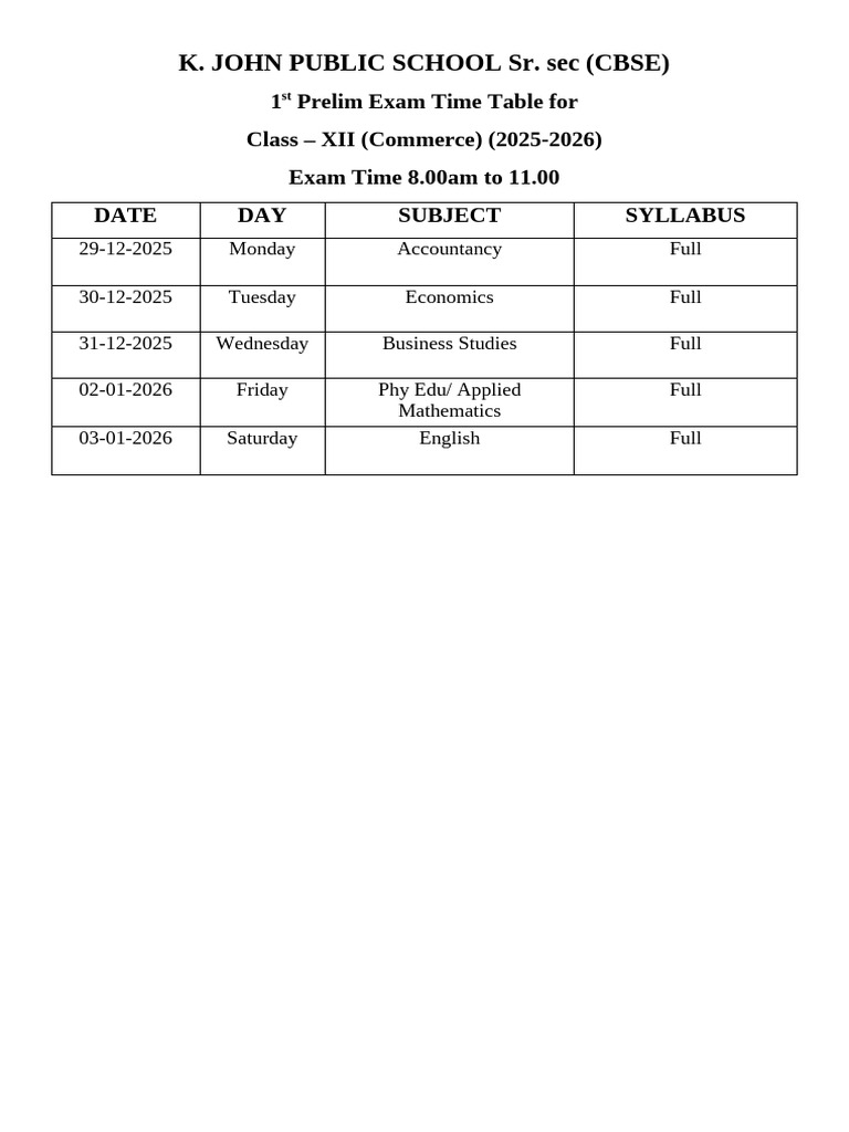 Class XII Commerce Exam Schedule 2025 | PDF