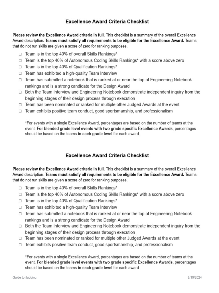 Excellence Award Criteria Checklist | PDF